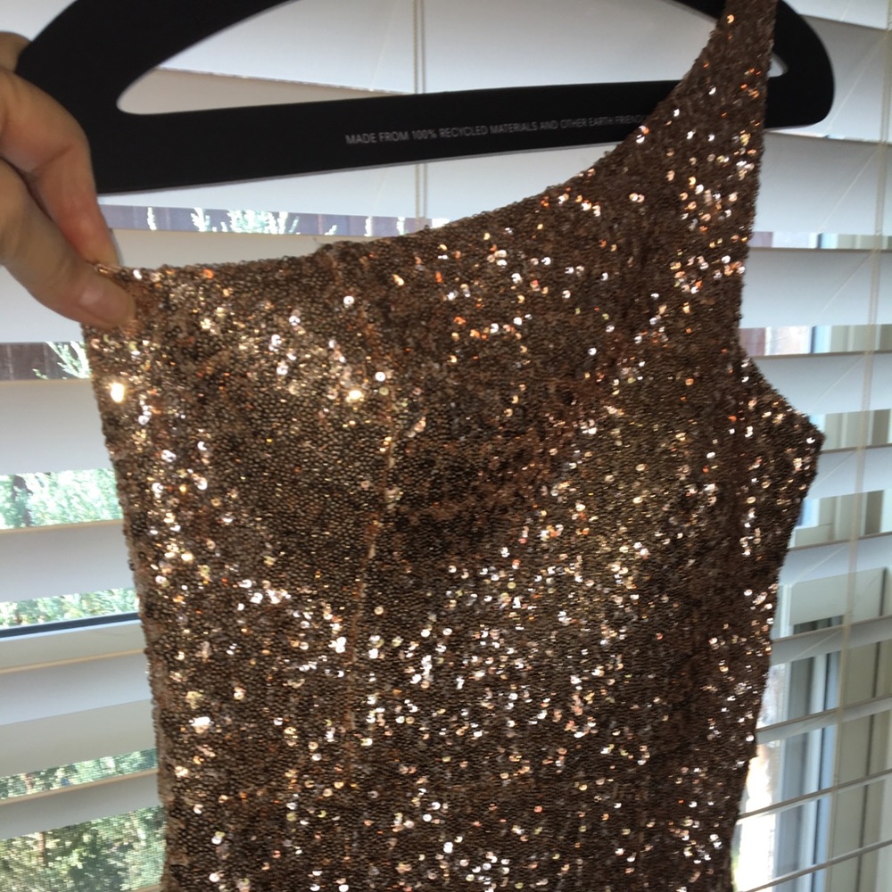 Rose gold sequin cocktail dress, one shoulder